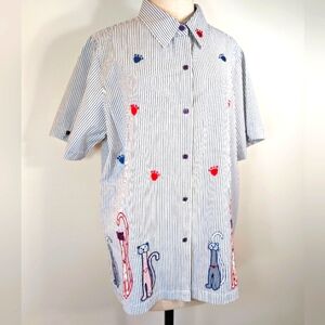 Bobbie Brooks cotton embroidered cats & paws, striped button up. 24W/16W